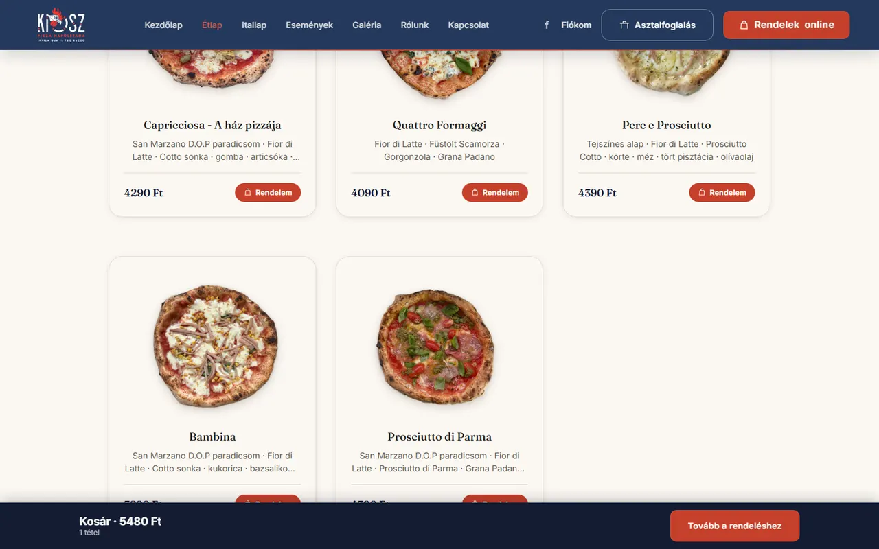 A KIOSZ Pizza weboldalának étlapja asztali nézetben